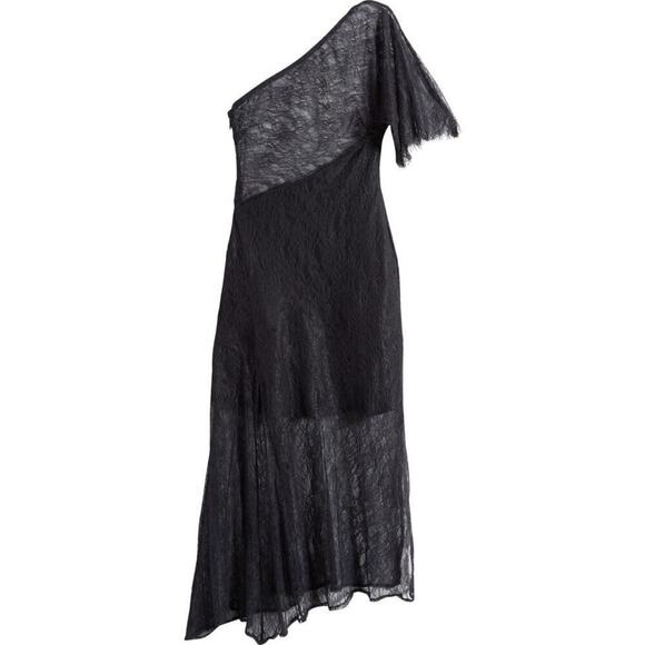 ASOS Design Dress One Shoulder Sheer Lace Asymmetrical Midi Evening Black NWOT 4 - Picture 1 of 7